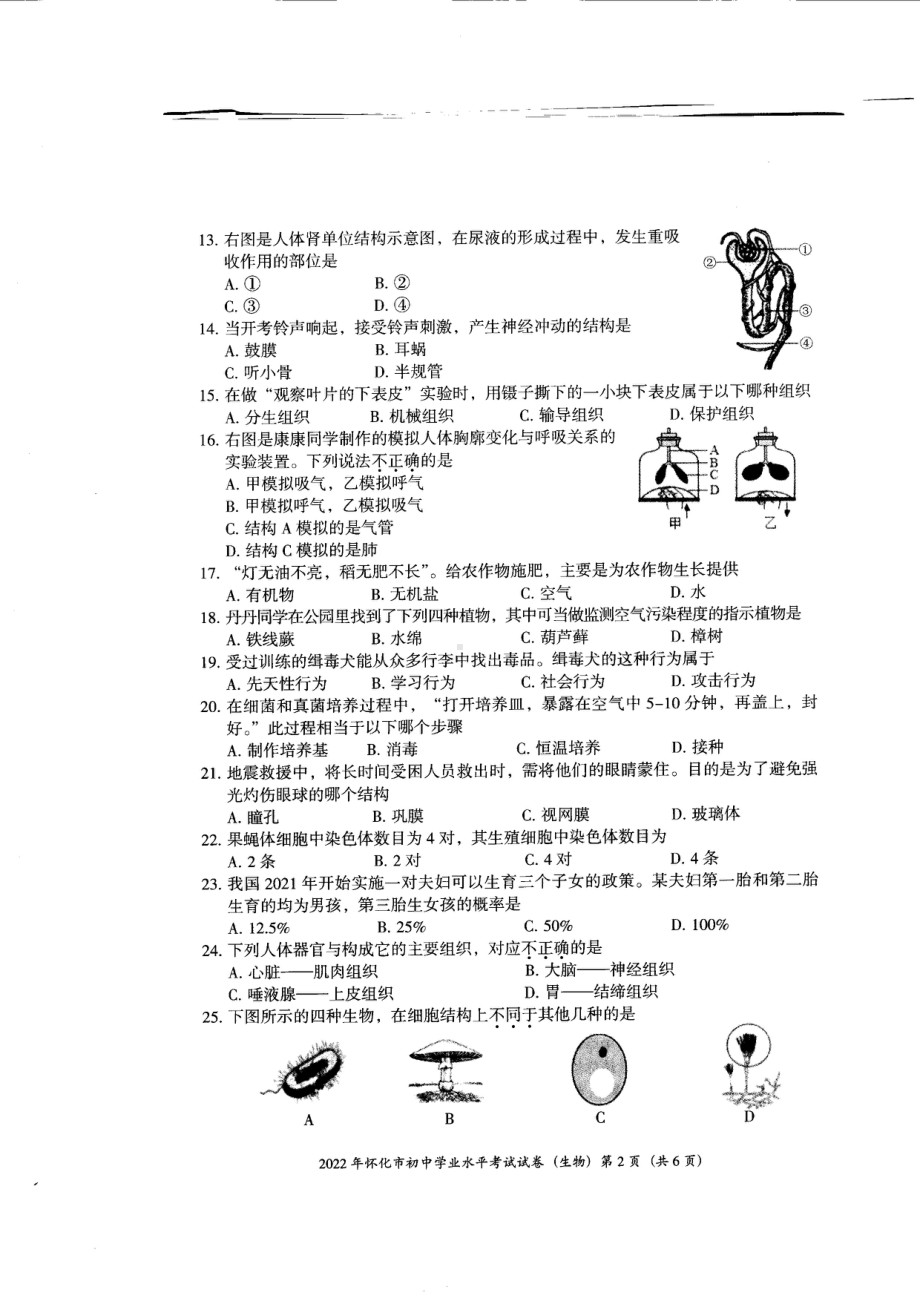 （中考试卷）2022年湖南省怀化市初中学业水平考试生物试卷.pdf_第2页