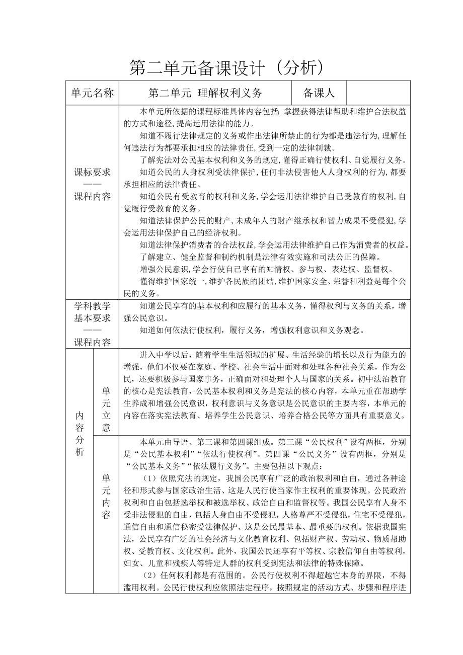 2021-2022学年部编版道德与法治八年级下册第二单元 理解权利义务 备课分析.wps_第1页