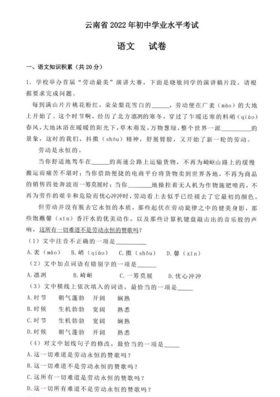 2022年云南省中考语文真题.pdf_第1页