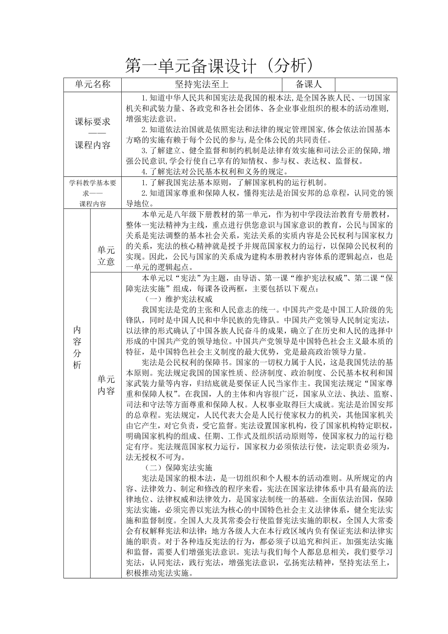 2021-2022学年部编版道德与法治八年级下册第一单元 坚持宪法至上 备课分析.wps_第1页