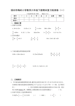 2022年扬州市梅岭小学数学六年级下册小升初期末复习检测卷5份及答案（定稿）.pdf