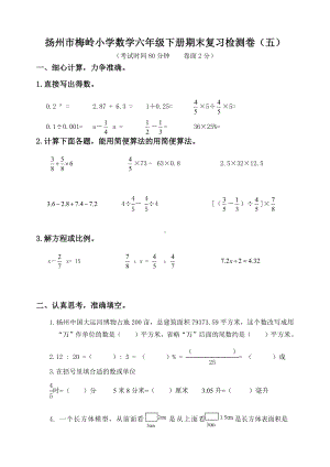 2022年扬州市梅岭小学数学六年级下册小升初期末复习检测卷及答案（定稿；第5份）.docx