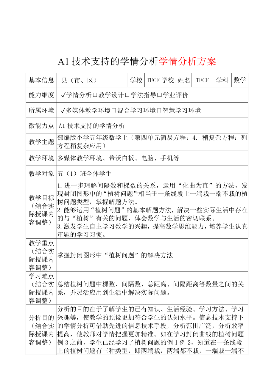 A1技术支持的学情分析[模板]-学情分析方案+学情分析报告[2.0微能力获奖优秀作品]：小学五年级数学上（第四单元简易方程：4. 稍复杂方程：列方程稍复杂应用）.docx（只是模板,内容供参考,非本课内容）_第2页