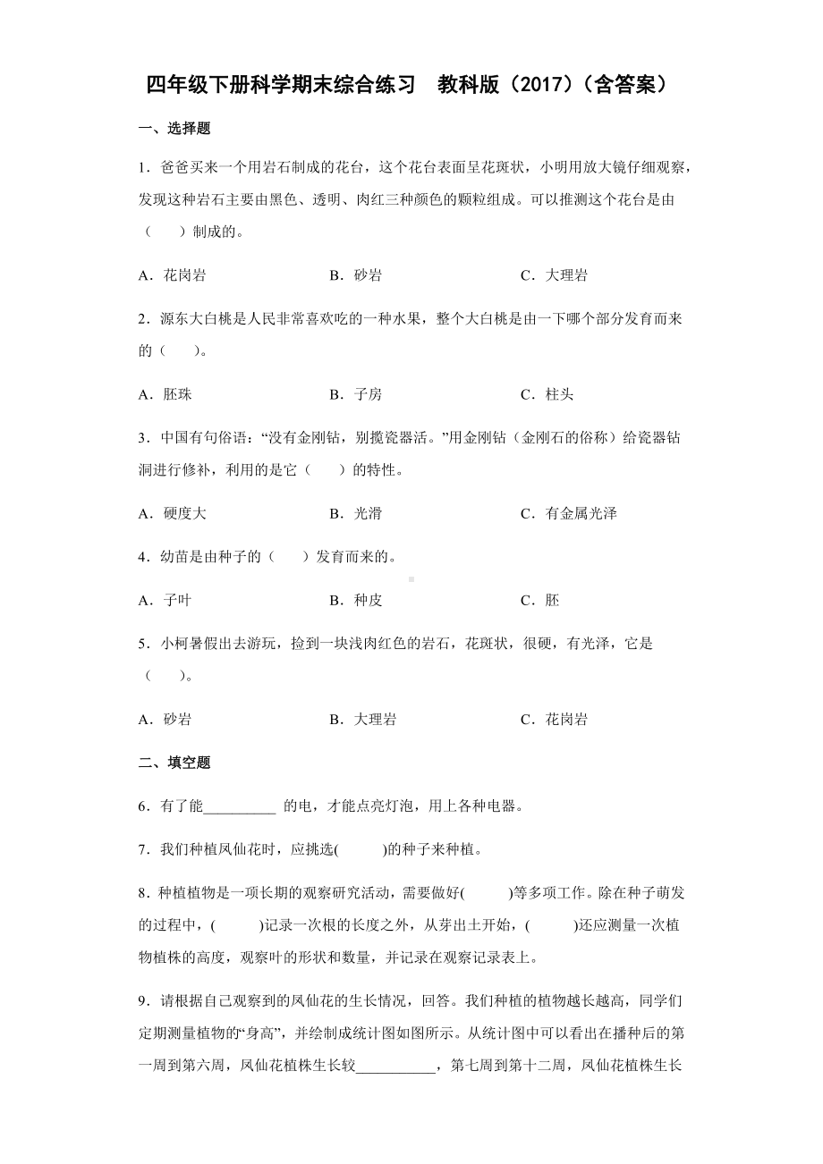 2021-2022学年教科版四年级下学期科学期末综合练习 （试题）.docx_第1页