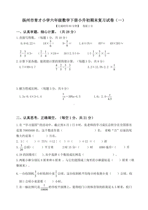 2022年扬州市育才小学六年级数学下册小升初期末复习试卷及答案（一）.doc