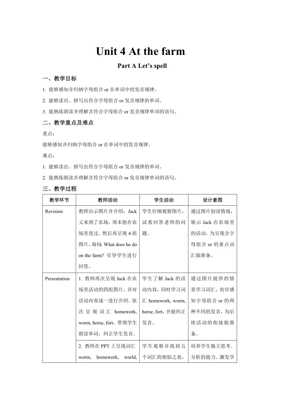 人教PEP版四年级英语下册-Unit 4 At the farm A Let’s spell教案.docx_第1页