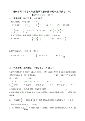 2022年扬州市育才小学六年级数学下册小升初期末复习试卷5份及答案.pdf