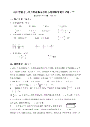 2022年扬州市育才小学六年级数学下册小升初期末复习试卷及答案（二）.docx