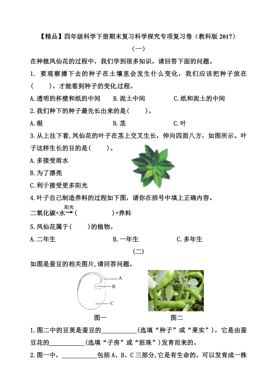 2022年新教科版四年级下册科学期末复习科学探究专项复习卷 （含答案）.doc_第1页