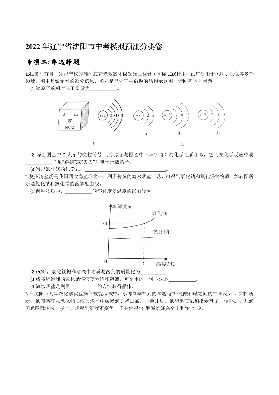 2022年辽宁省沈阳市中考模拟预测分类卷专项二 非选择题.docx_第1页