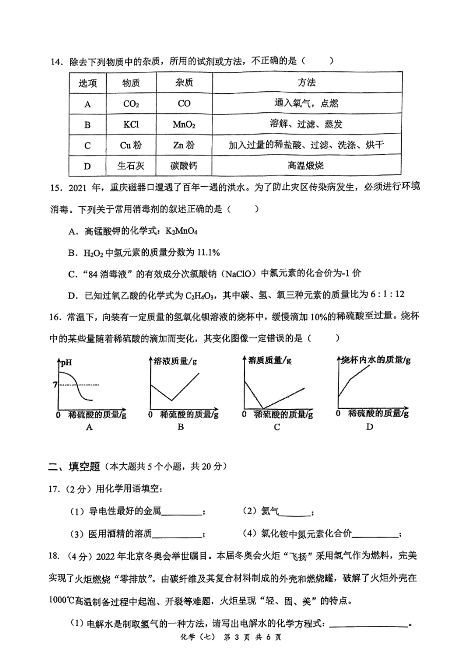 重庆南开 2021-2022学年九年级下学期第一次月考（第七次）化学试题.pdf_第3页