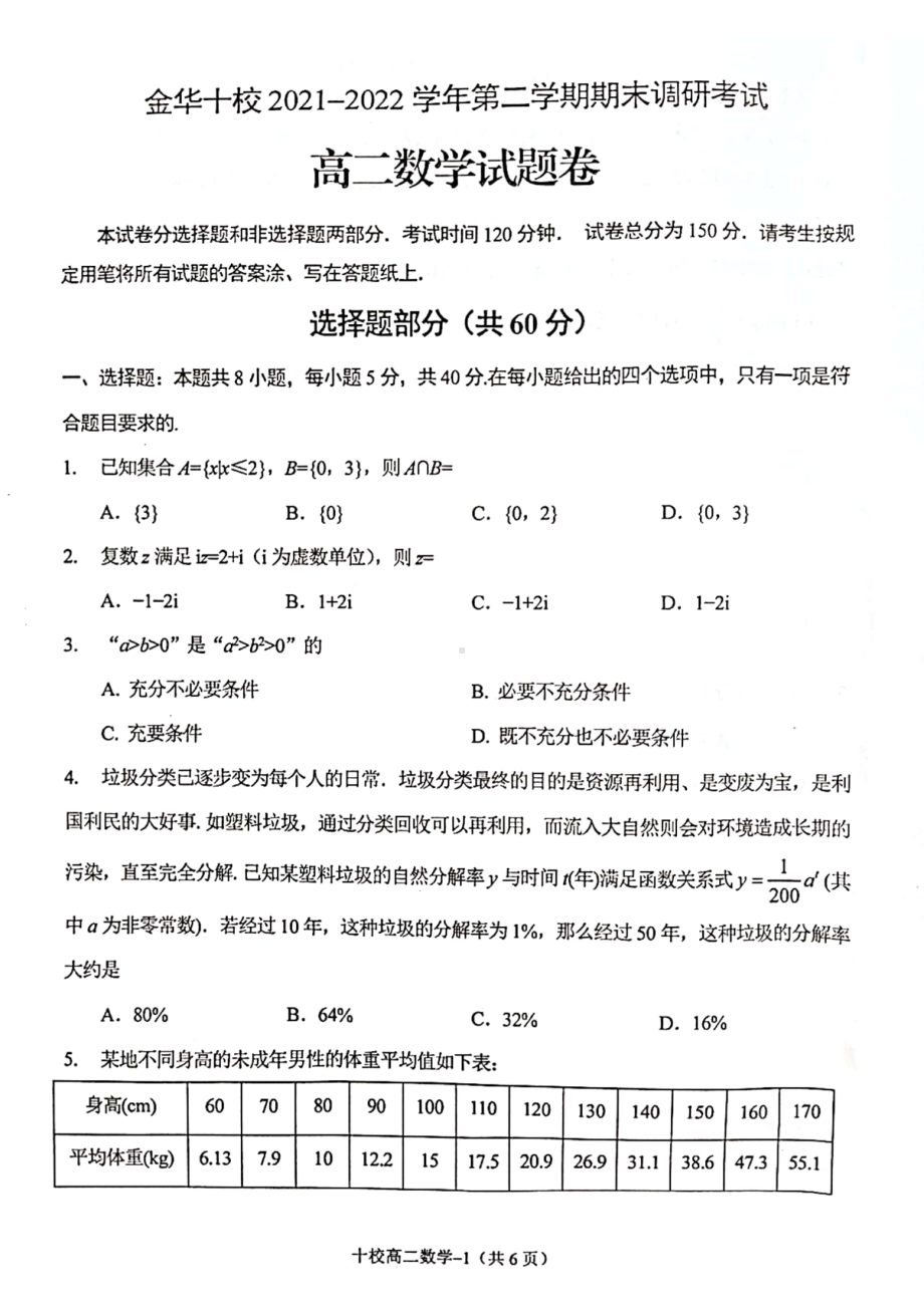 浙江省金华十校2021-2022学年高二下学期期末调研考试数学试卷.pdf_第1页