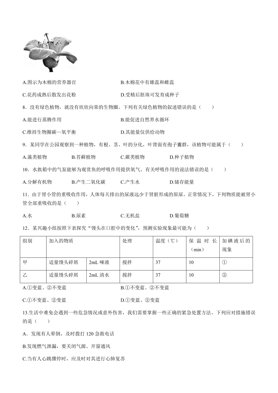 2022年广东省中考生物真题(无答案).docx_第2页