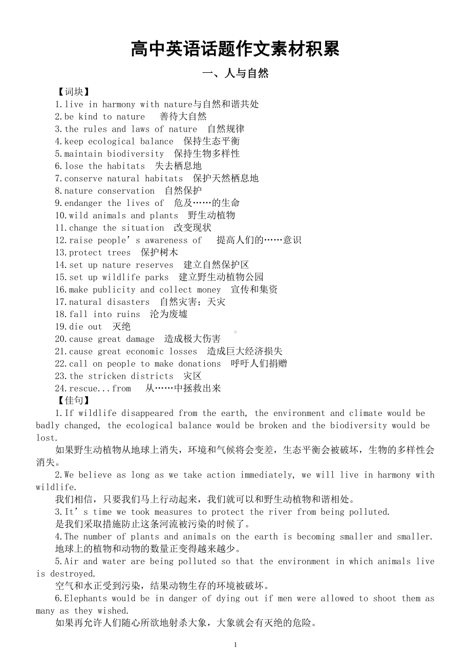 高中英语高考话题作文素材积累（人与自然+世界与环境）.doc_第1页