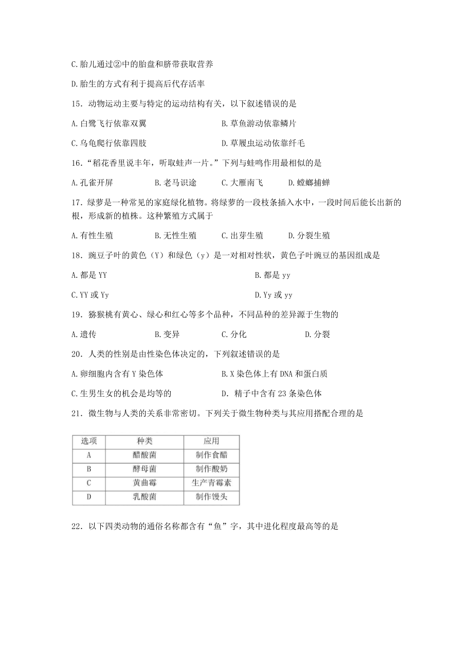 2022年广东省初中学业水平考试生物真题（含答案）(01).docx_第3页