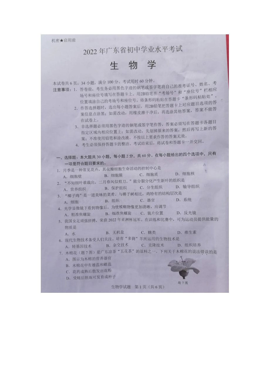 2022年广东省初中学业水平考试生物真题卷卷（含答案）.docx_第1页