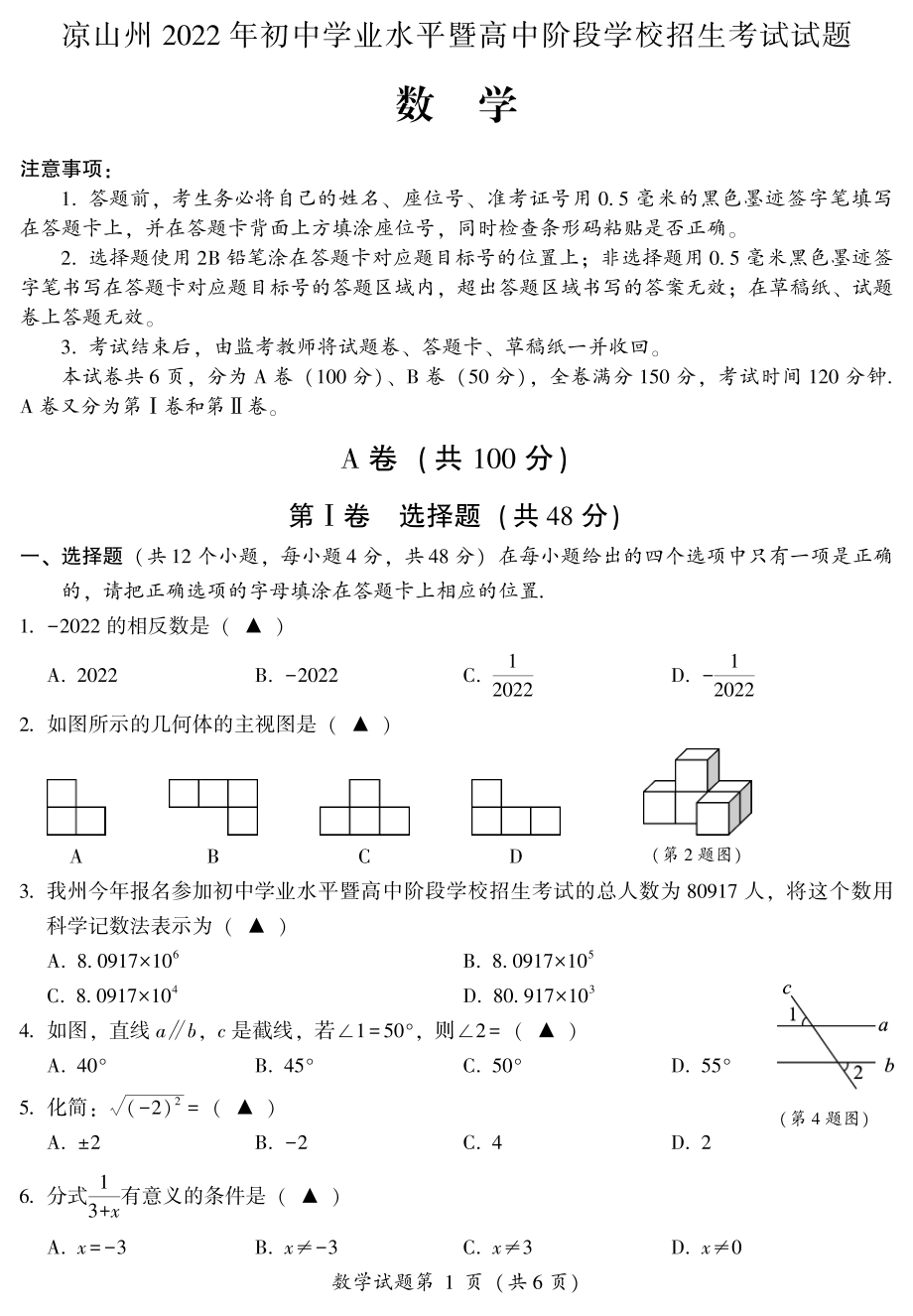 2022年四川省凉山州中考数学真题（含答案）.rar