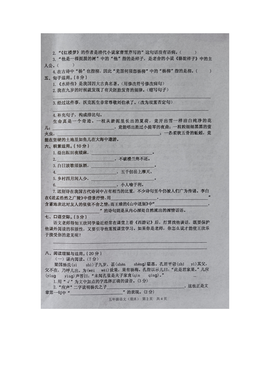 江西省抚州市临川区2020-2021学年五年级下学期期末教学质量监测语文试题-(含答案).docx_第2页