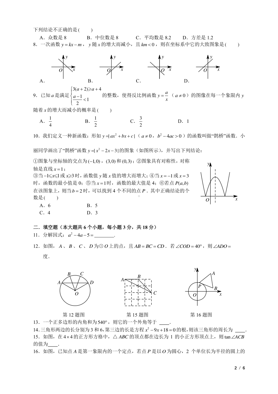 湖南省长沙市青竹湖湘一外国语 2021-2022学年九年级下学期入学考试数学试卷.pdf_第2页