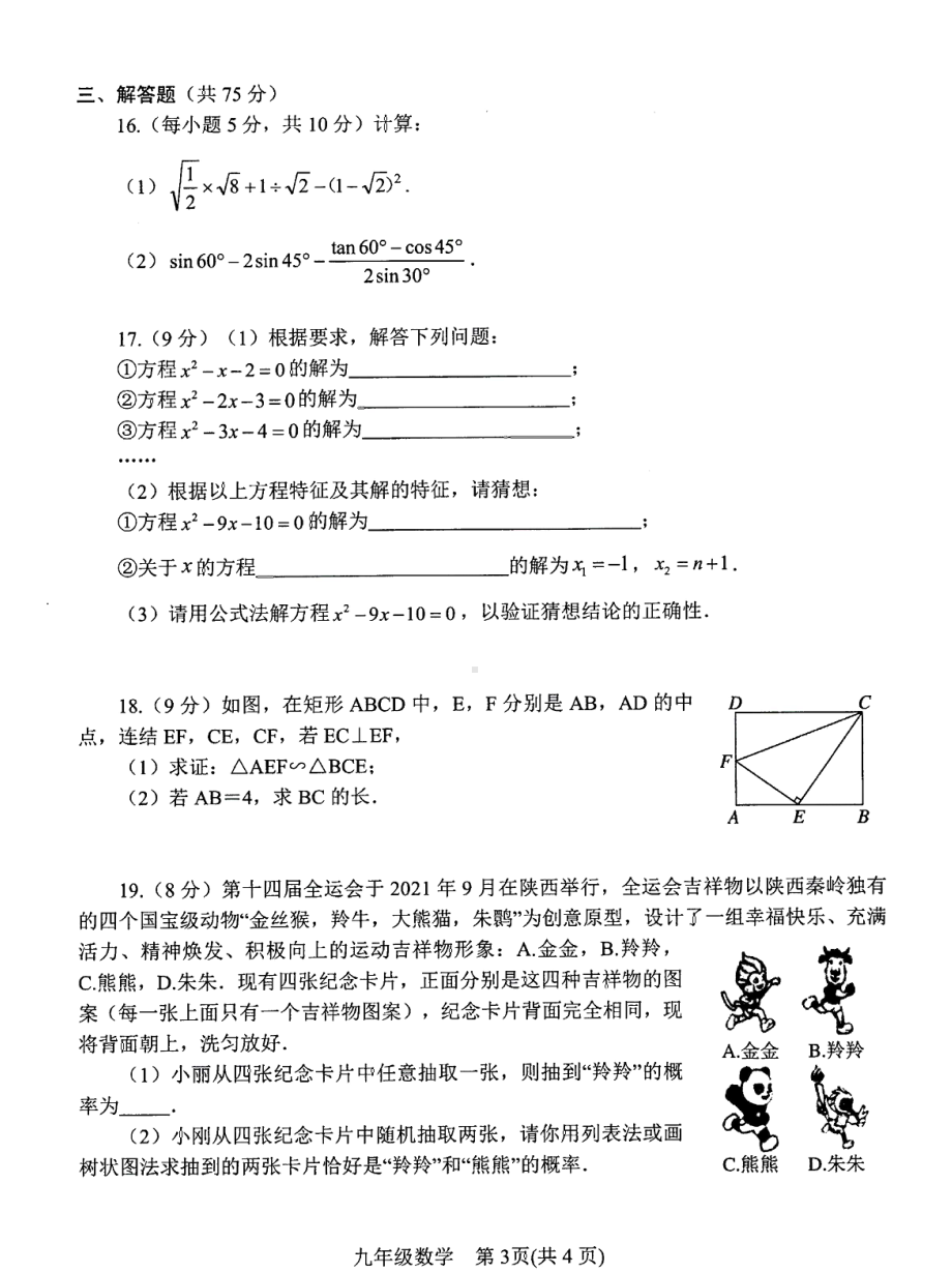 河南省南阳市卧龙区2021–2022学年九年级上学期 期末调研测试数学试卷 .pdf_第3页