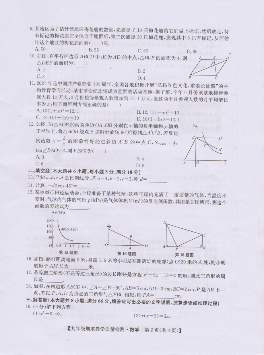 广西北海市2021-2022学年上学期九年级数学期末检测试卷.pdf_第2页