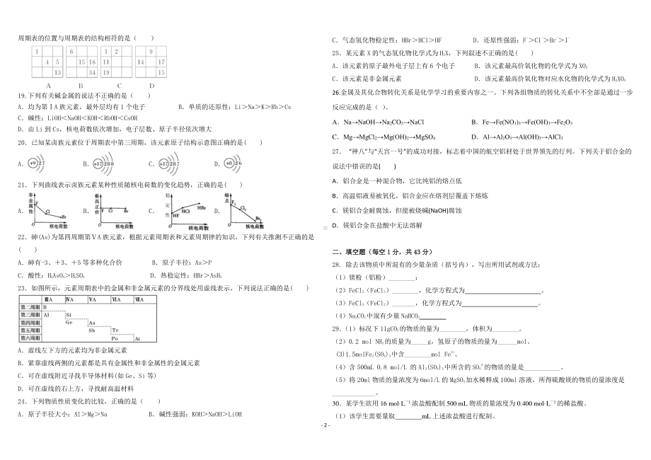 甘肃省庆阳市陇东学院附属 2021-2022学年高一上学期期末考试化学试卷 .pdf_第2页