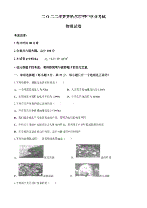 2022年黑龙江省齐齐哈尔市中考物理真题(无答案).docx