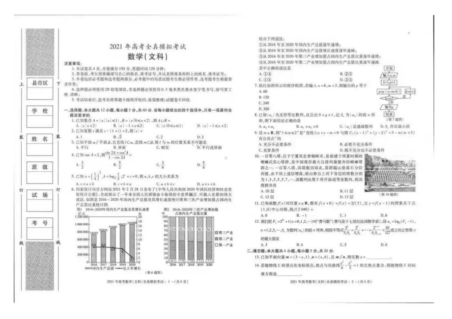 陕西省汉中市铺镇 2021届高三全真模拟数学（文科）试题及参考答案.pdf_第1页