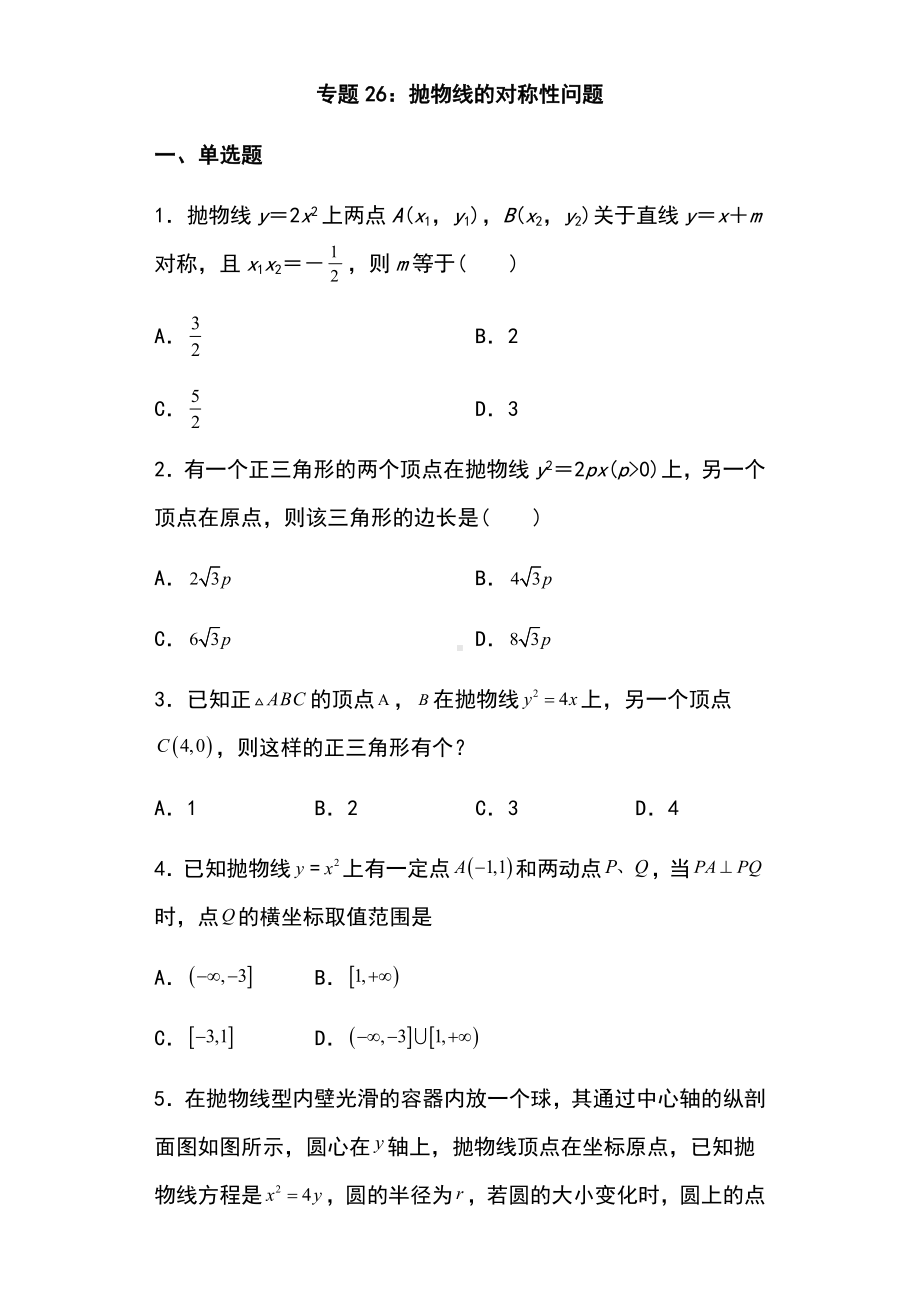 专题训练26：抛物线的对称性问题 -新人教A版（2019）高中数学选择性必修第一册高二上学期.docx_第1页