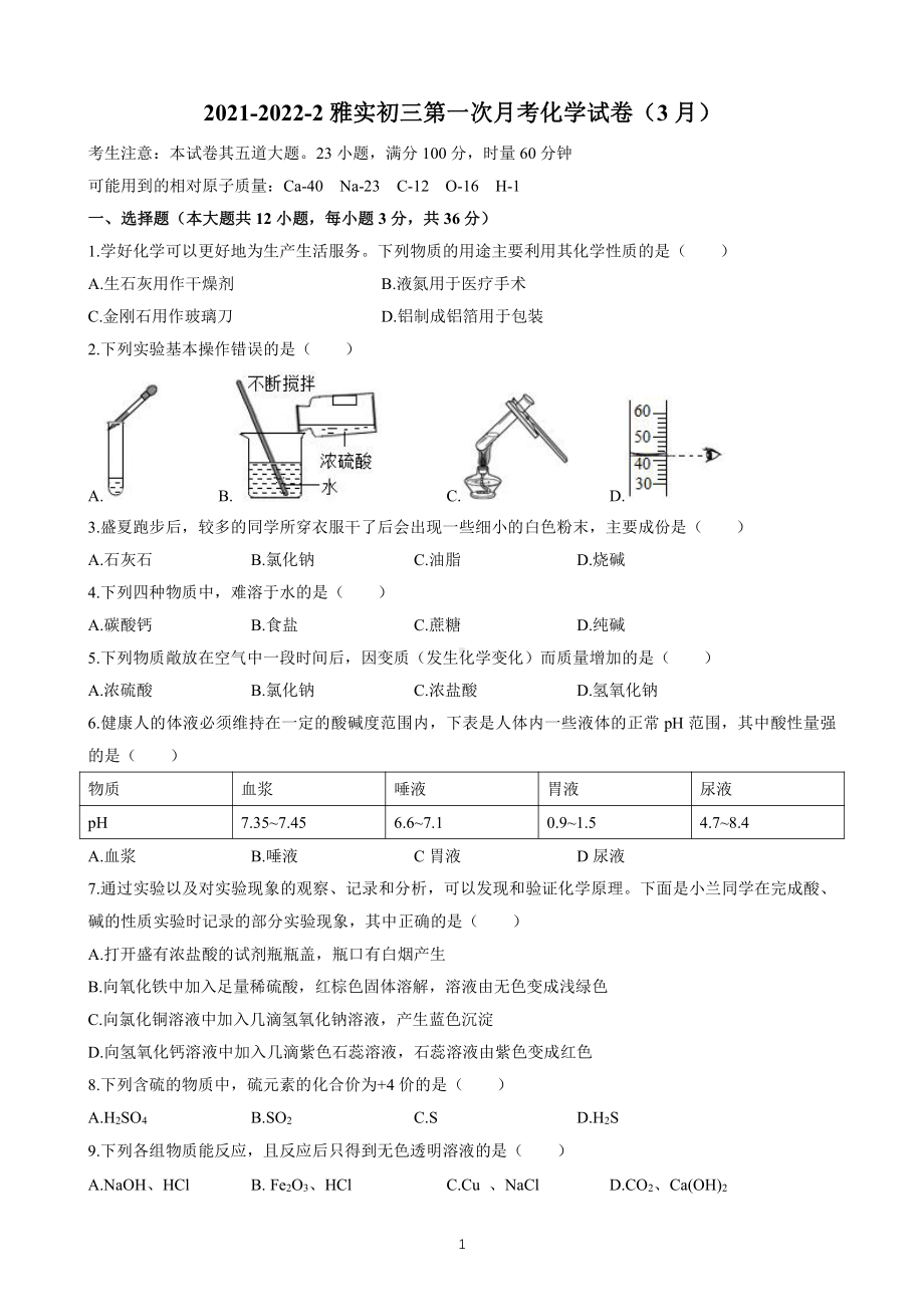 湖南省雅礼实验 2021-2022学年九年级下学期第一次月考化学试题.pdf_第1页