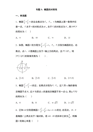 专题训练5：椭圆的对称性问题 -新人教A版（2019）高中数学选择性必修第一册高二上学期.docx