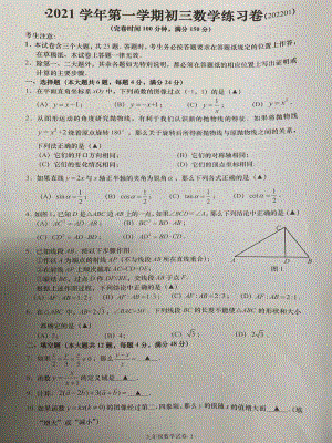 上海市奉贤区2021-2022学年九年级上学期期末考试数学试卷.pdf