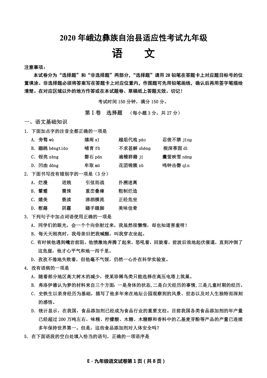 2020年四川省乐山市峨边彝族自治县中考适应性考试语文试题.docx_第1页