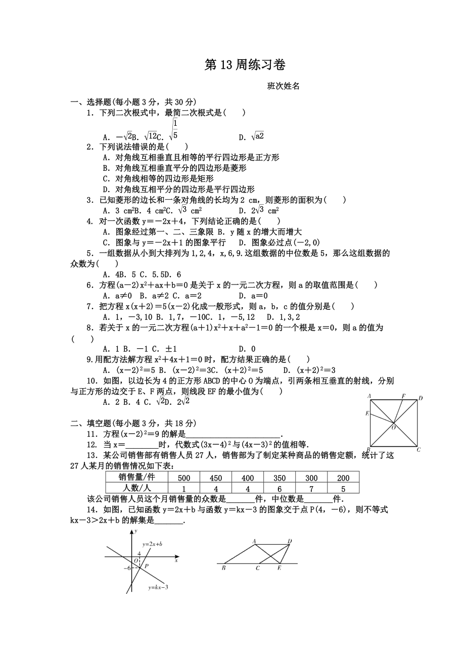 湖南省长沙市雅礼外国语2021—2022年下学期第13周八年级数学练习卷.docx_第1页