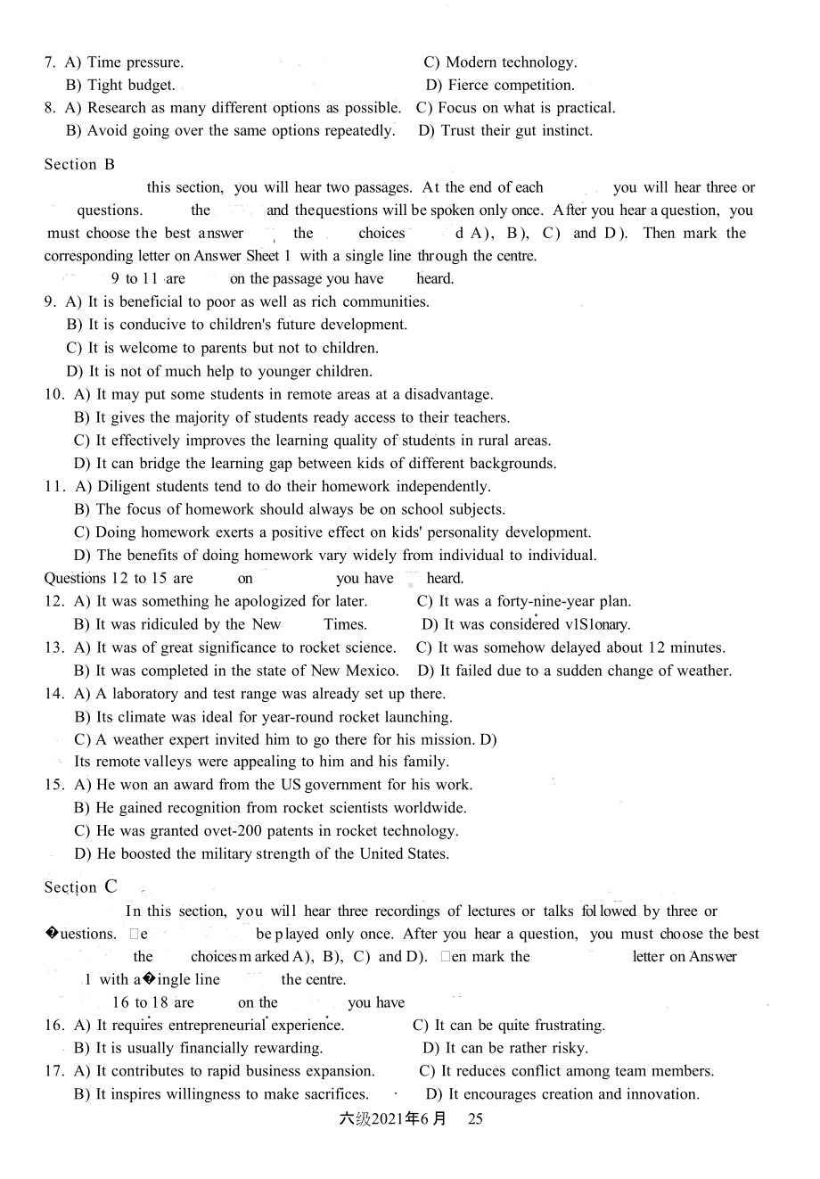 2021年6月英语六级真题试卷第2套（含答案解析）.doc_第3页