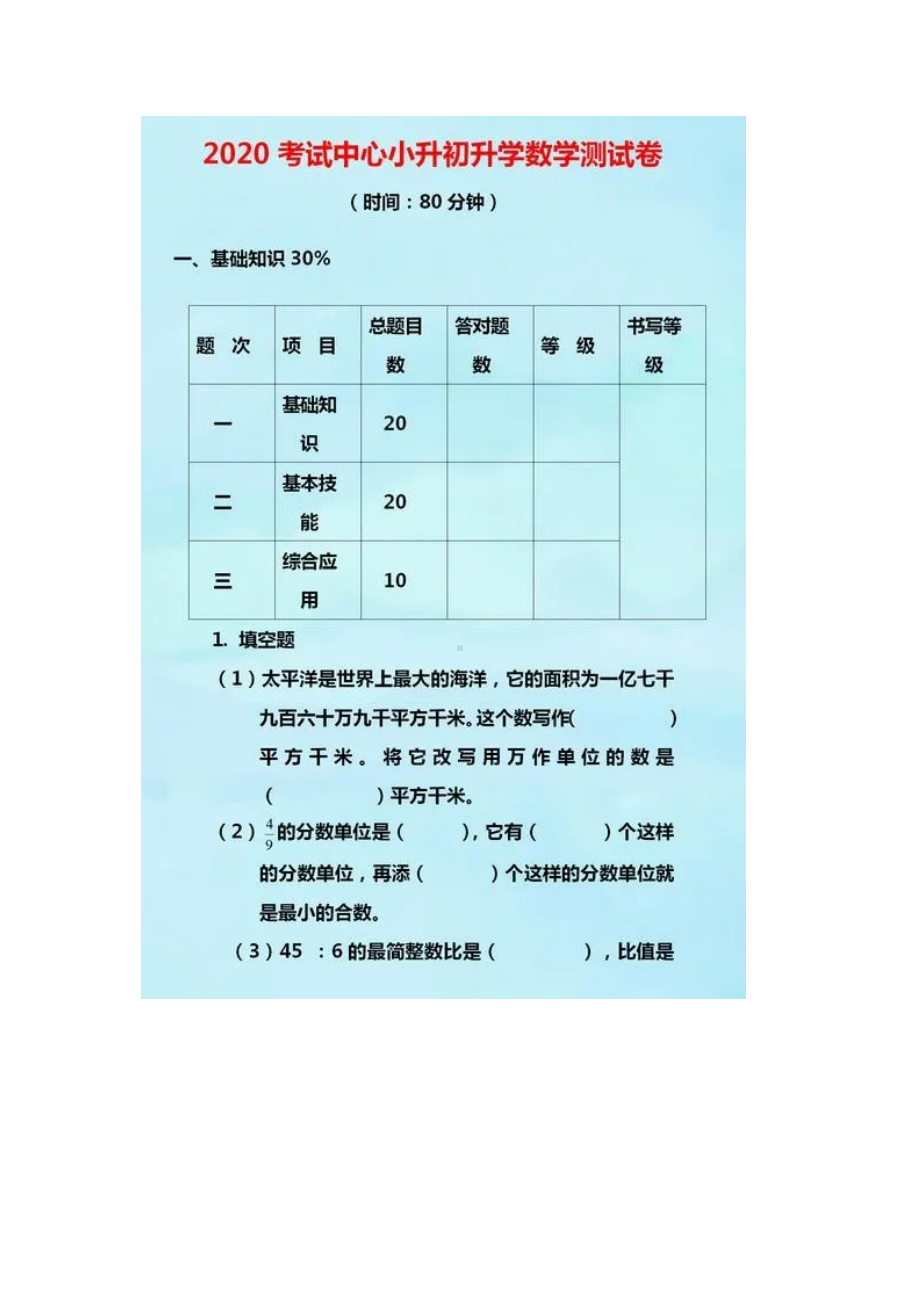 江苏徐州考试中心六年级小升初数学测试卷及答案.docx_第1页