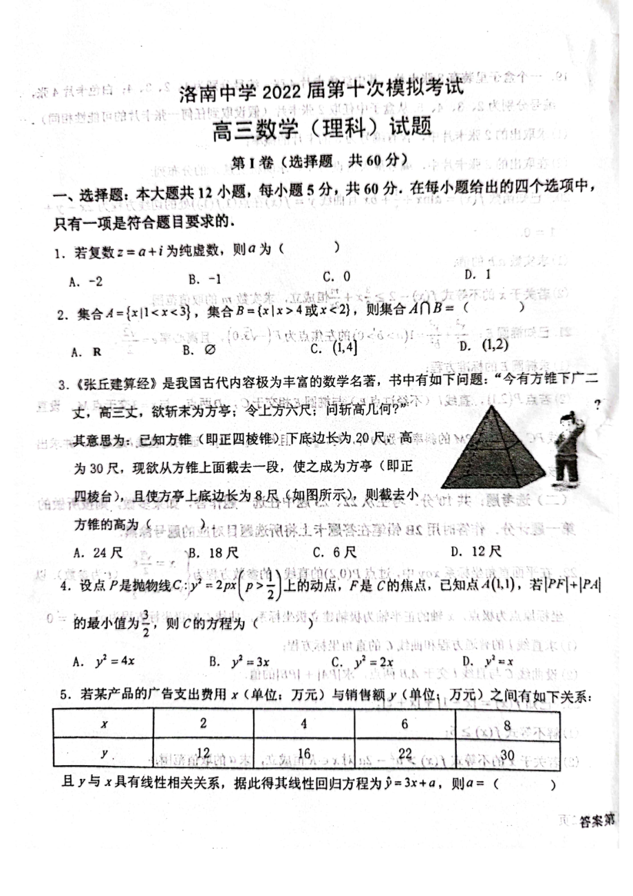 2022届陕西省洛南高三下学期第十次模拟考试数学（理科）试题.pdf_第1页