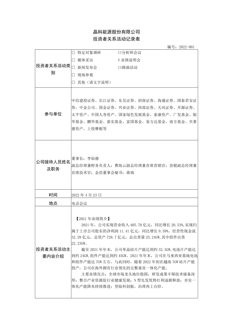 晶科能源股份有限公司投资者关系活动记录表.docx_第1页