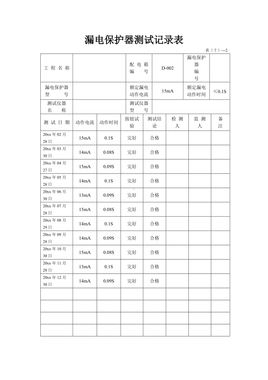 漏电保护器测试记录表.docx_第1页