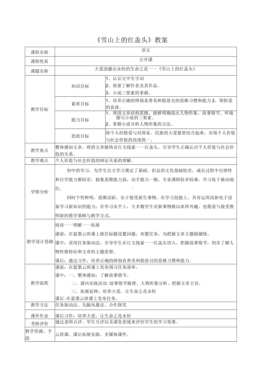 （精品）高中语文《雪山上的红盖头》教案.docx_第1页