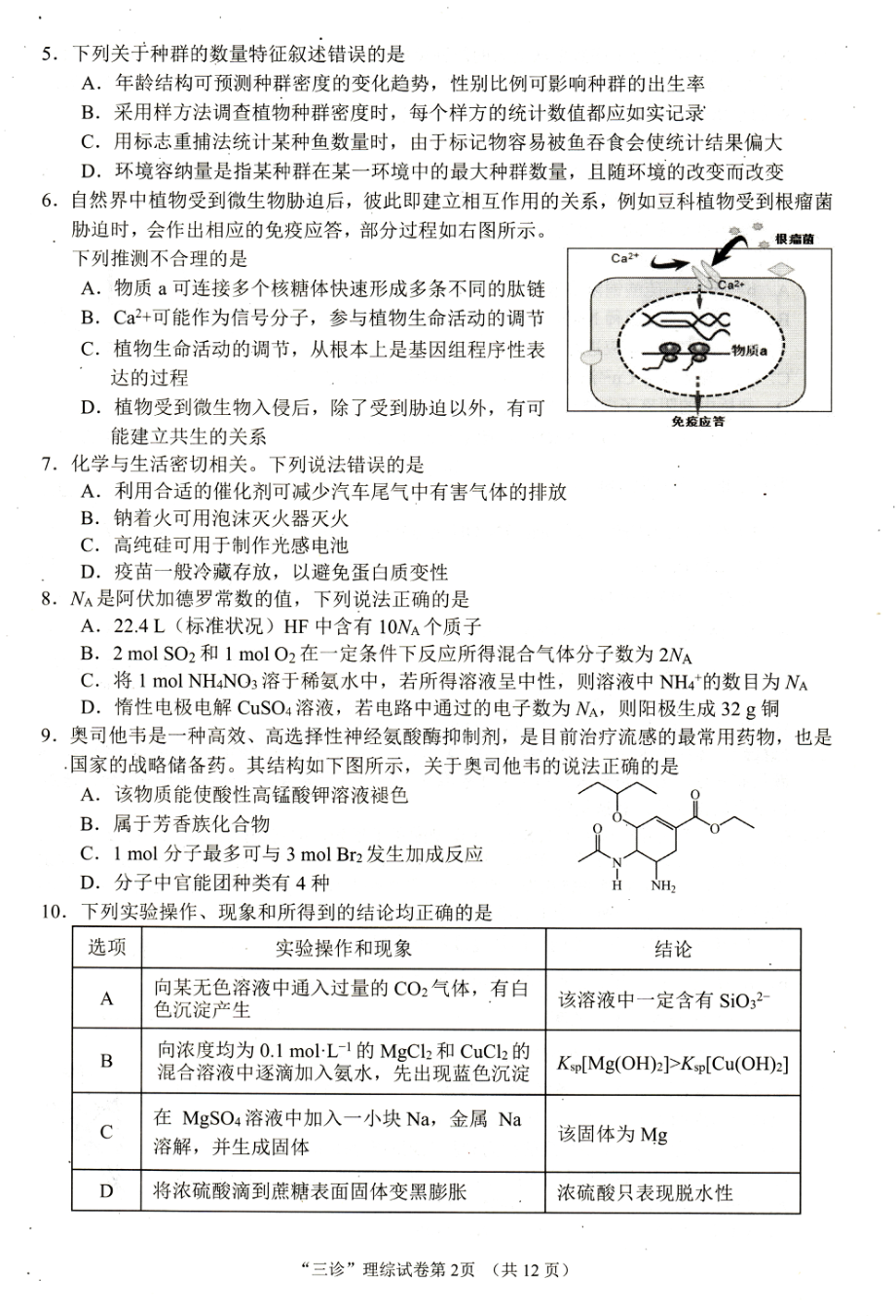 四川省南充市2022届高三下学期5月适应性考试（三诊） 理科综合 试题（含答案）.pdf_第2页