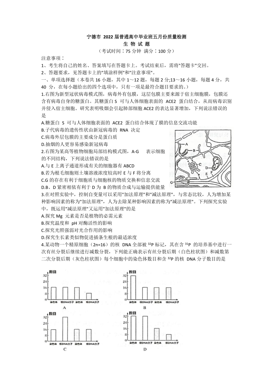 福建省宁德市2022届高三下学期5月质量检测（三模） 生物 试题（含答案）.doc_第1页