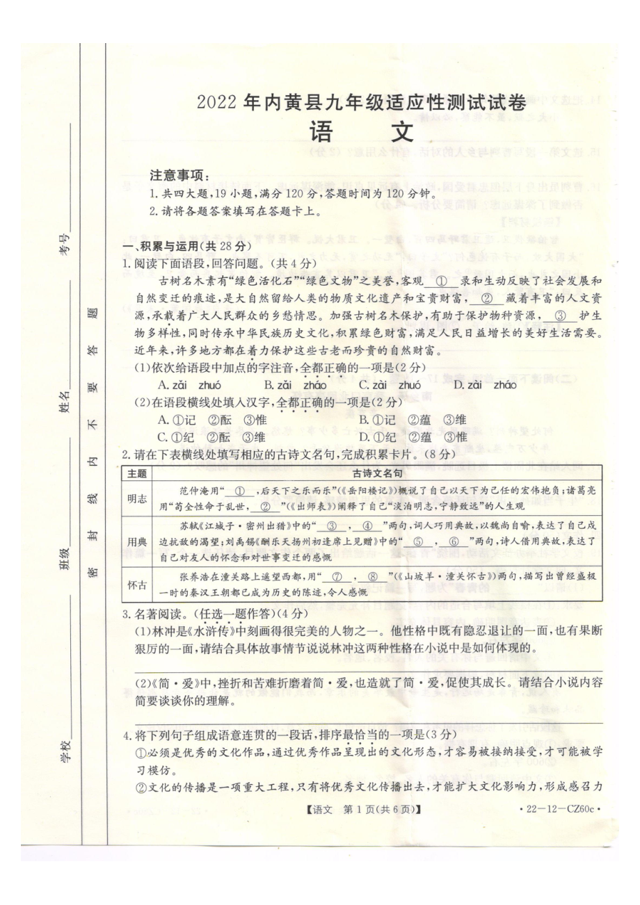 2022年河南省安阳市内黄县九年级适应性测试试卷语文试题.pdf_第1页