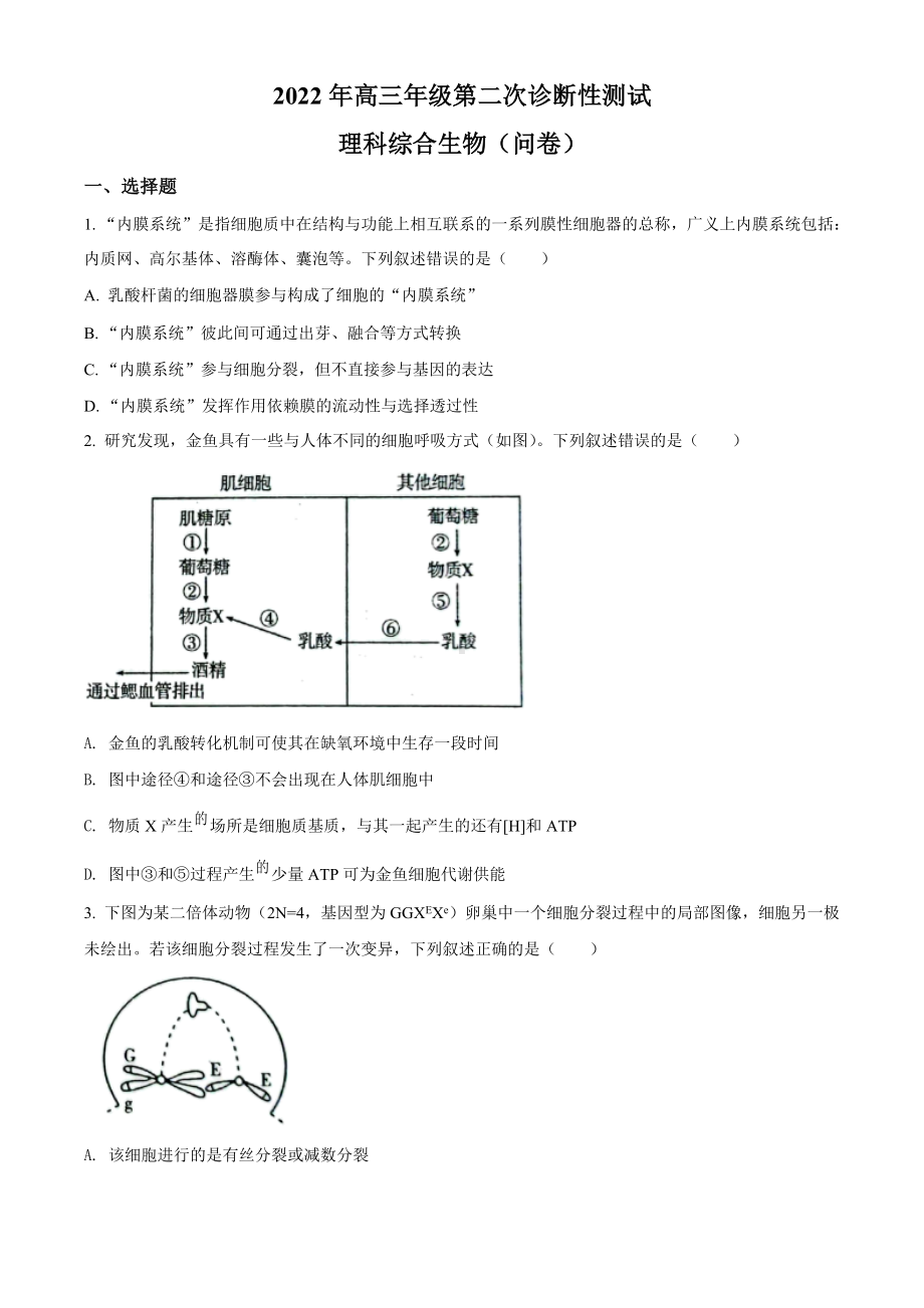 新疆维吾尔自治区2022届高三下学期二模考试 生物试题（学生版+解析版）.docx_第1页