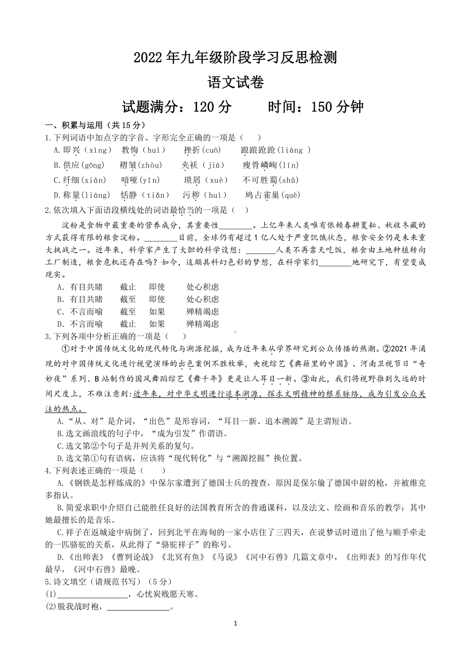 辽宁省沈阳市和平区2021-2022学年九年级下学期阶段学习反思检测语文试题.pdf_第1页