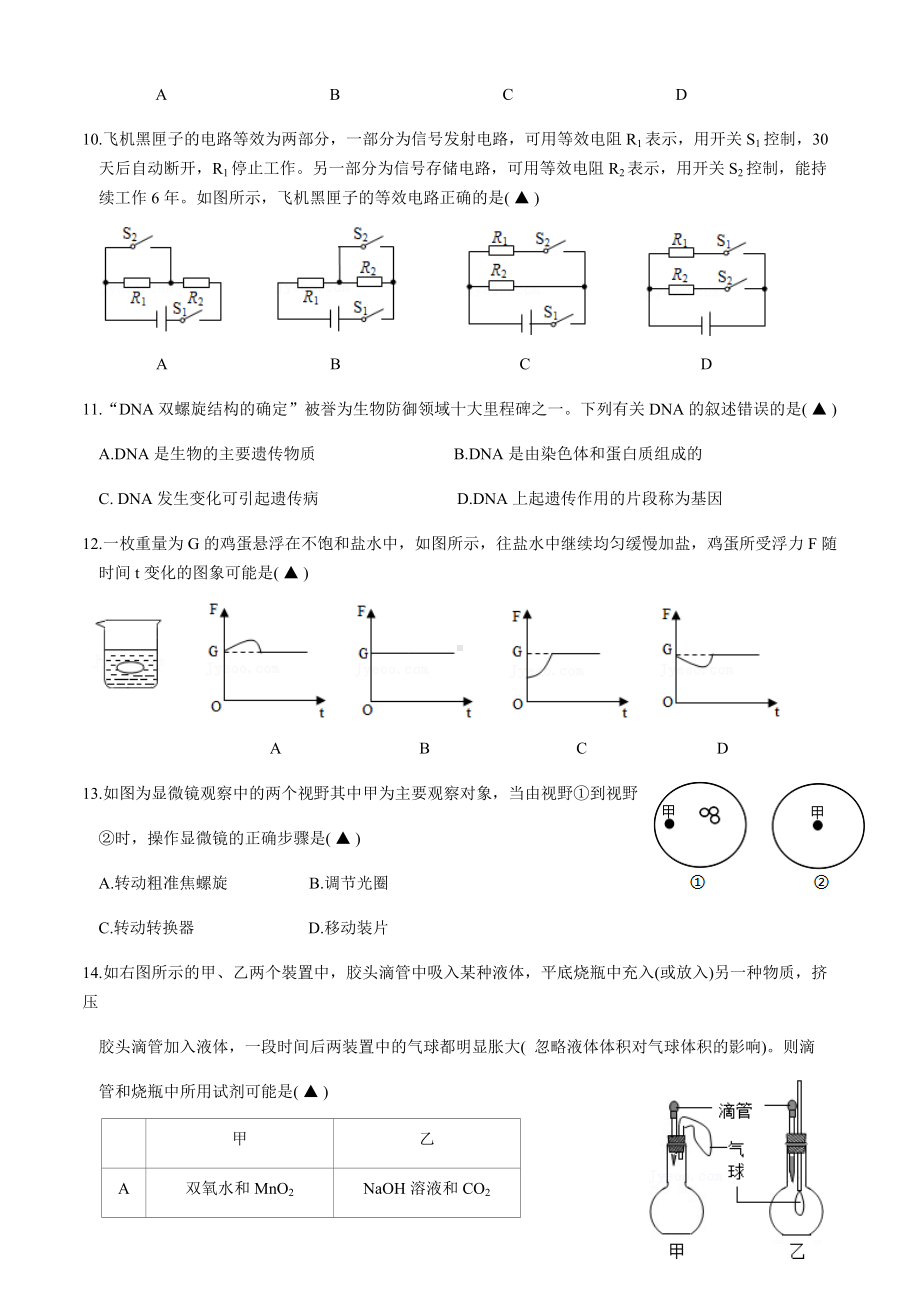 2022年浙江省金华市六校联谊中考模拟考试（二）科学试卷（含答案）.docx_第3页