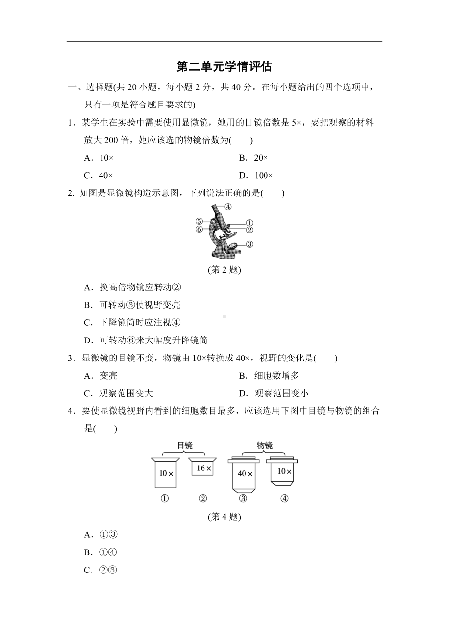 人教版生物七年级上册第二单元学情评估.doc_第1页