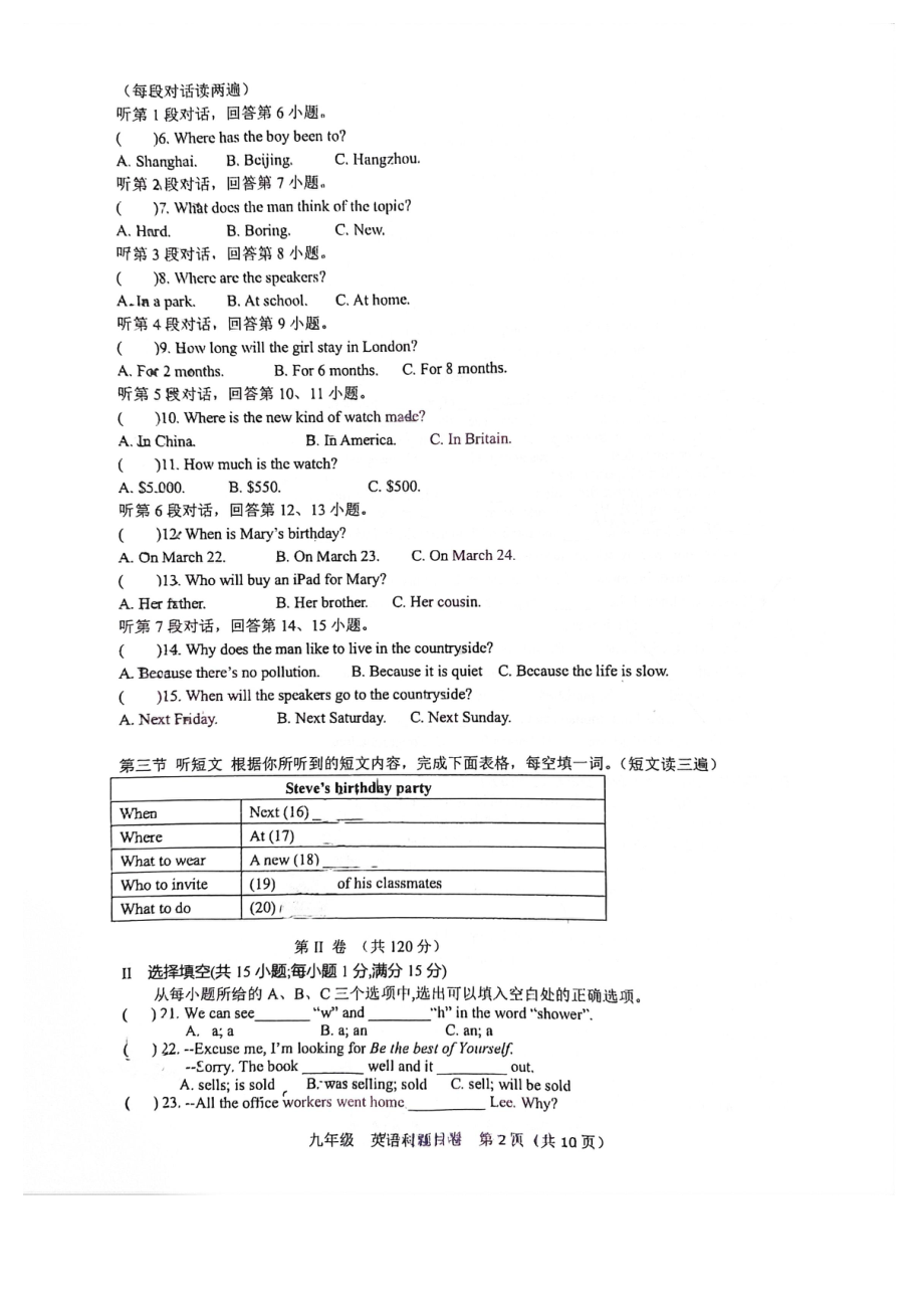 福建省福州文博 2021-2022学年九年级上学期期末模拟考英语试卷（第二次月考）.pdf_第2页