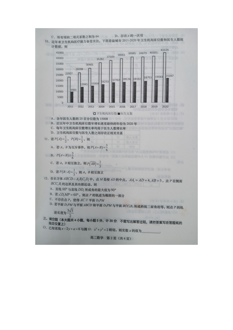 江苏省盐城市2021-2022高二下学期数学期末试卷及答案.pdf_第2页