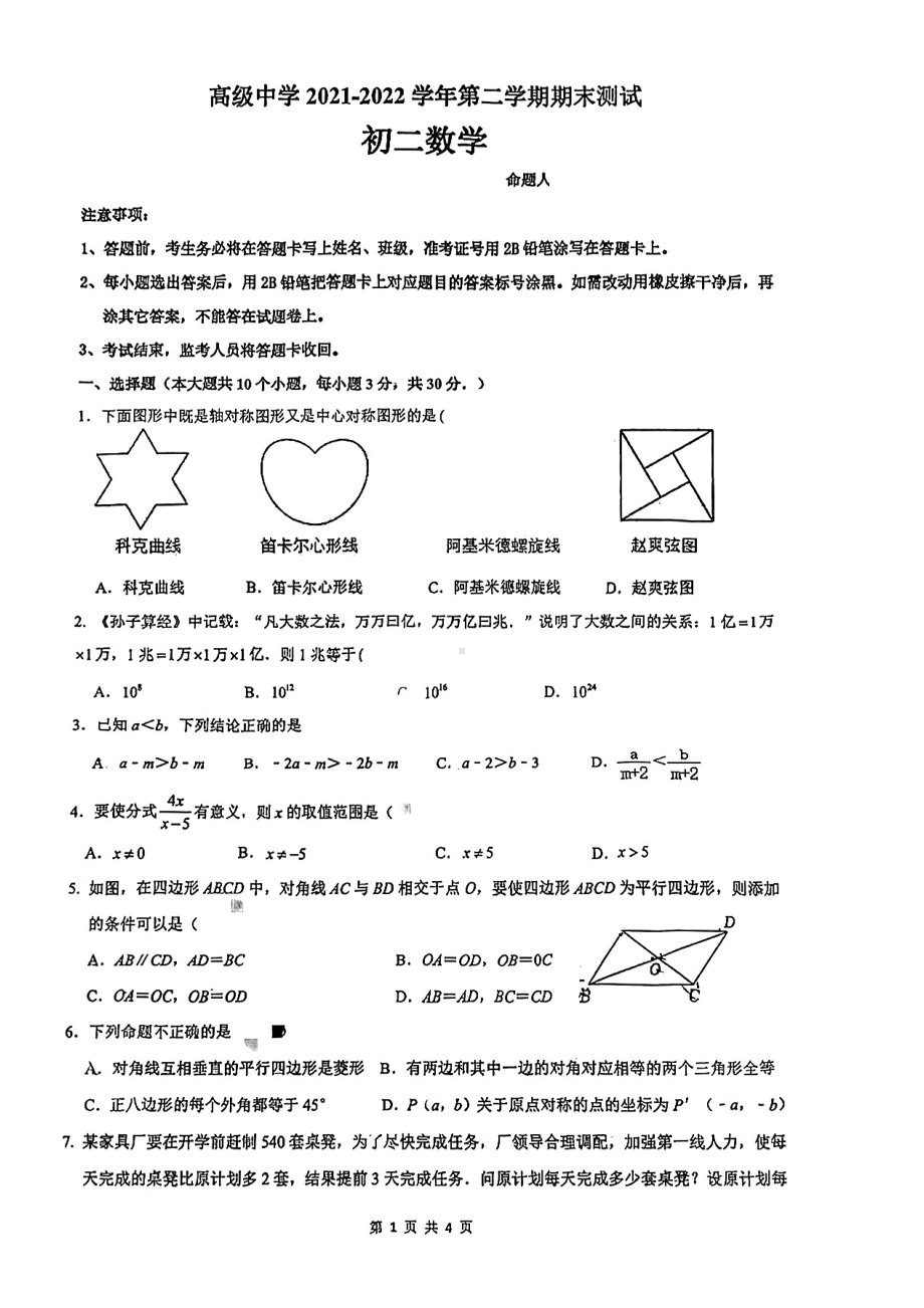 广东省深圳市高级 2021-2022学年八年级下学期期末考试数学试题.pdf_第1页